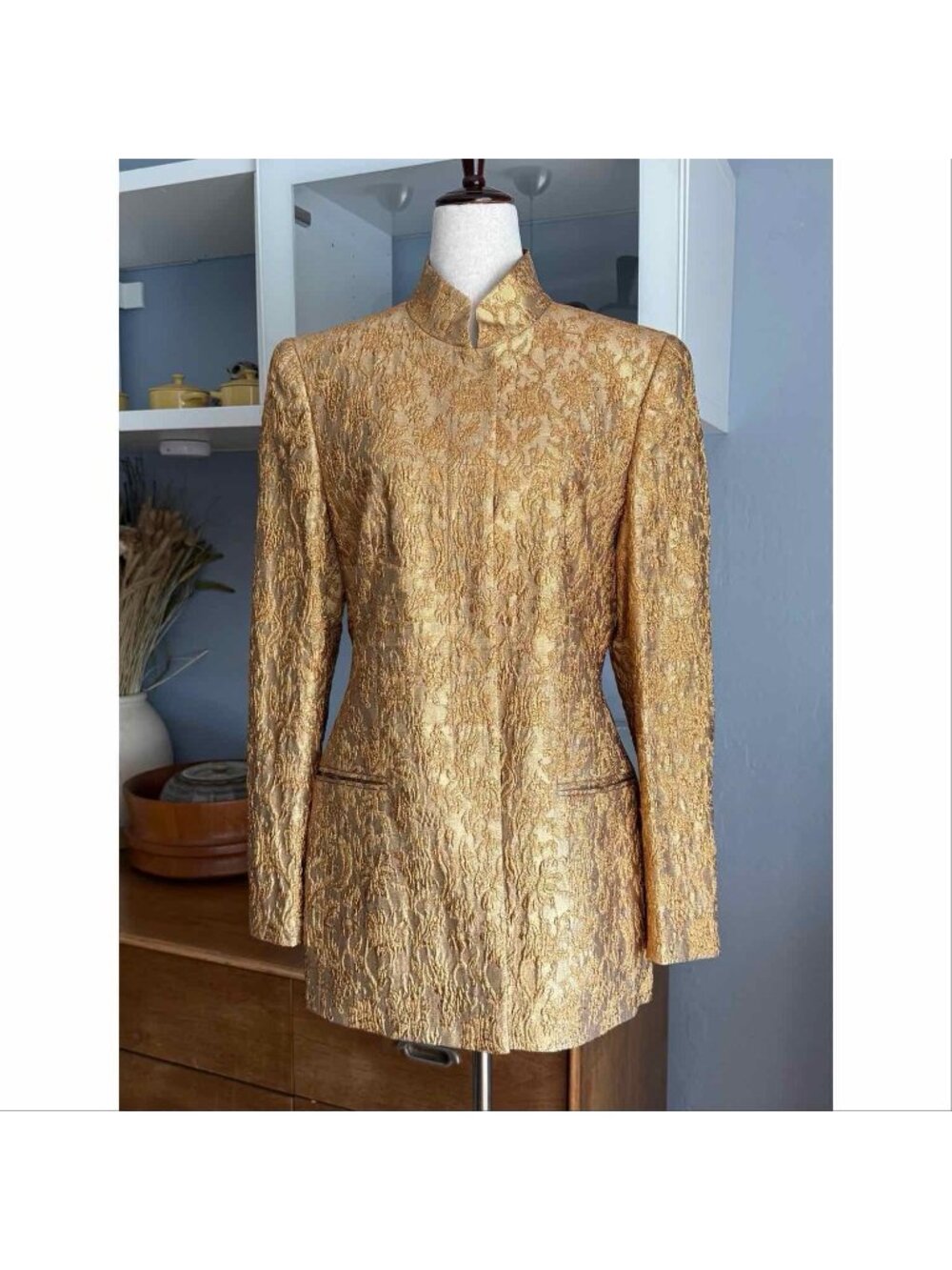 Vtg Louis Feraud Gold Metallic Brocade Jacquard Mandarin Collar Blazer Jacket 8